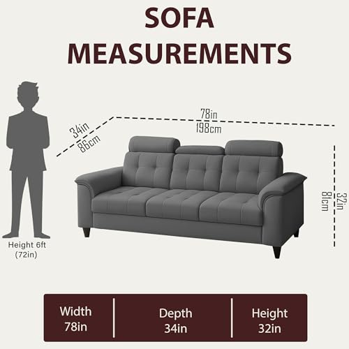 Image of Casaliving Ella 3 Seater Sofa Set for Living Room (Dark Grey Colour Fabric) Premium Fabric Sofa