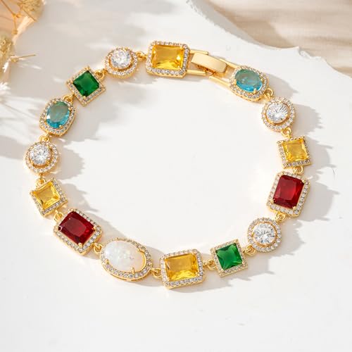 Tennis Bracelet for Men, Dainty 18K Gold Plated Diamond Tennis Bracelet Cubic Zirconia Chain with Emerald, Ruby, and Aquamarine Gemstones for Men Bride Birthday Wedding Valentine's Day Gifts3