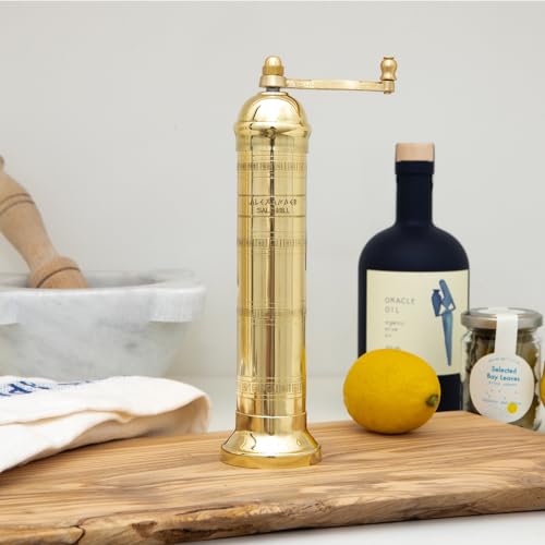 Image of Alexander Home Original Greek Salt Mill, 9-Inch Brass - European Manual Salt Grinder, Refillable, with Polishing Cloth