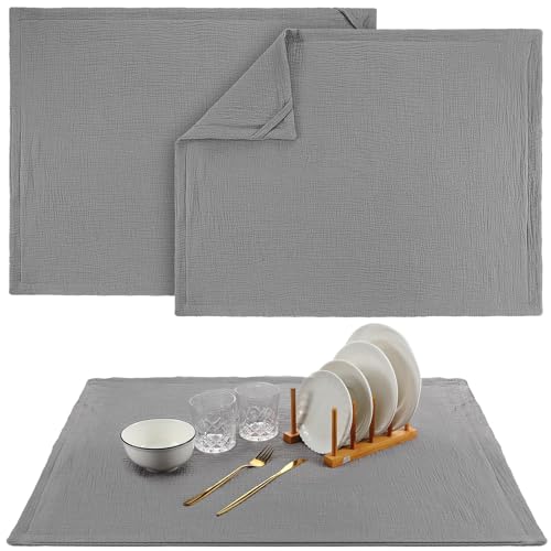 HunnmingRe 2 Pcs Extra Large Dish Drying Mats for Kitchen Counter28 x 24 100% Cotton Gray Pad Thick Highly Absorbent Mats Muslin Gauze Quick Drying Dishes Drainer Pad for Sinks Draining Racks