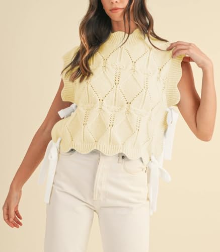 Image of Women Side Tie Sweater Vest Scallop Trim Mock Neck Knit Vest Bow Lace Up Ribbon Sweater Tank Top Knitwear