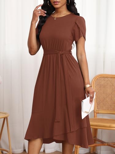 Image of PerZeal Women's Summer Dress Casual Ruffle Sleeve Crewneck A-Line Tiered Flowy Short Sleeve Long Dress with Belt