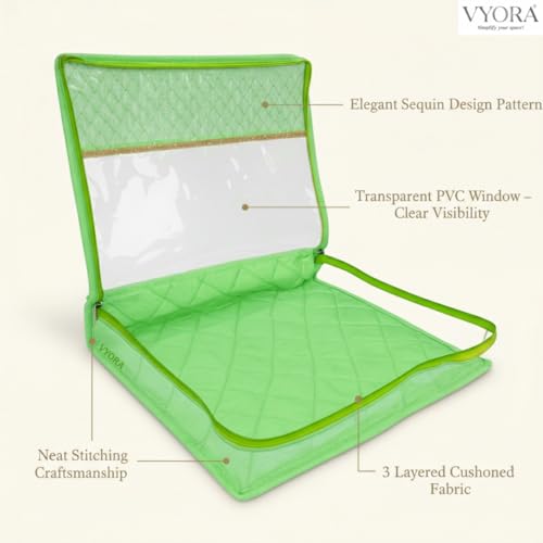 Image of Premium Saree covers for storage Pack of 6 Saree covers with zip transparent Saree bags Sequin Design Cloth organizer Cloth covers for packing Wardrobe organizer Saree pouch (Green, Pack of 6)