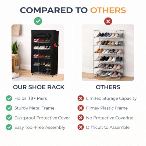 Image of Metal Shoe Stand with Cover, 6 Tier Shoe Organizer for Home & Office - Black