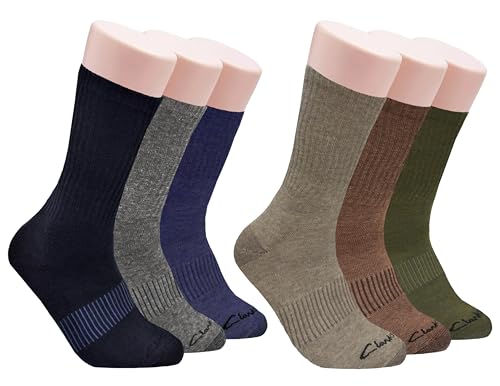 Clarks Men's Casual Half Cushion Crew Socks 6 Pair, Navy/Charcoal/Denim/Brown/Olive/Khaki, Men's 7-12 Shoe