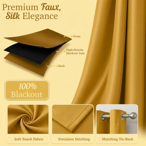 Image of 100% Blackout Window Curtains, 9 Feet, Solid Design, Faux Silk, Thermal Insulated, Noise Reducing Eyelet Door Curtain with Tie Back for Living Room & Bedroom, 115x274cm, Pack of 1 - Yellow