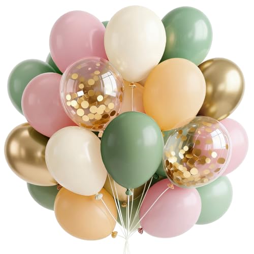 Image of PartyWoo Pink and Green Balloons 65pcs 12 Inch Metallic Gold Sand White Sage Green Nude Dusty Pink Gold Confetti Balloons for Baby Shower Wedding Engagement Princess Birthday Party Decorations