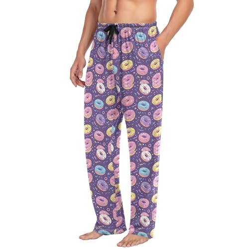 Men’s Cartoon Donut Pajama Pants with Pockets, Comfortable Lounge Sleep Bottoms#1244
