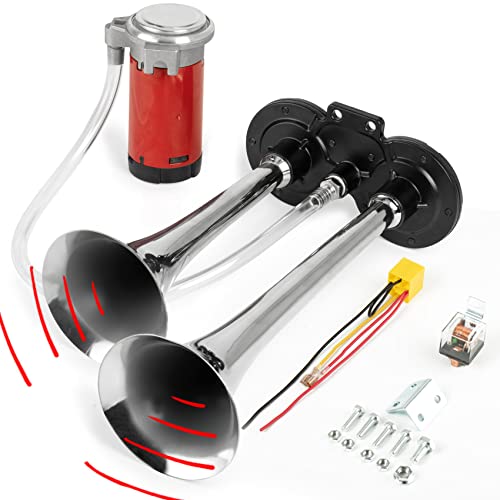 DZANKEN Bocina Coche 150dB Poderoso Bocina Camion 12V Eléctrico Chrome Zinc Bocina Barco Tubo Doble Universal con Compresor de Aire para Coche Cover