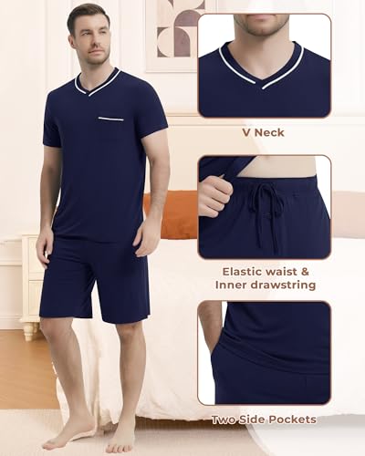 Image of NACHILA Pajamas Set for Men-Viscose Made from Bamboo, Short Sleeve Sleepwear Cool Pjs with Shorts Pants Soft Loungewear