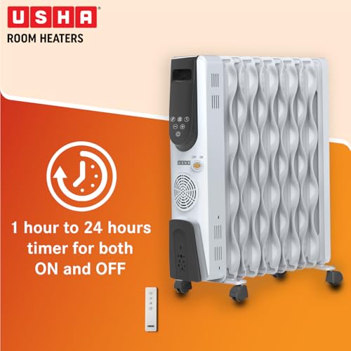 Image of Usha 4309 FSE Oil Filled Radiator 9 Fin Room Heater | Energy Efficient PTC Fan Heater with Remote, Digital Touch Panel & Eco Mode | 1-24 Hr Timer | White