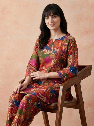 Image of Bee M Pee Designer Trendy Floral Printed Poly Rayon Cotton Kurta Coord Sets for Women | Stylish Casual Kurti Tunic Cord Set with Pant for Woman for Office