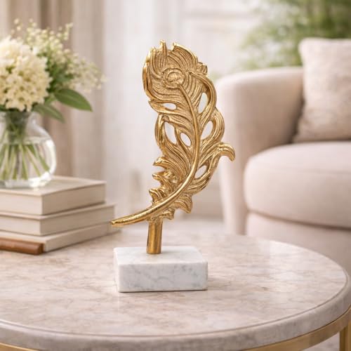 Image of CraftVatika Decorative Showpiece for Home Decor, Home Decoration Items for Living Room, Metal Golden Feather for Tabletop Office Decor Birthday Wedding Housewarming for Woman Man