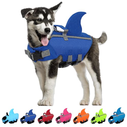 SUNFURA Dog Life Jacket Shark Life Vest for Dogs, Adjustable Swmming Vest with High Buoyancy, Safety Lifesaver with Rescue Handle for French Bulldog Small Medium Breeds, Dark Blue M