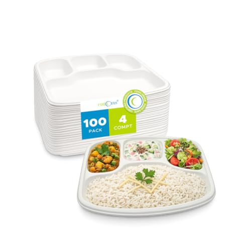 Image of EATONS White Bagasse 4-Compartment Disposable Meal Tray, 11 inch Pack of 100 | Eco-Friendly Compostable, Unbleached & Non-Toxic | Microwave & Freezer Safe, Leak-Proof | Party, Thali & Takeaway Plates