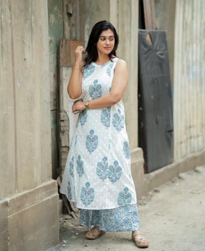 Image of ANNI Designer Women's Rayon Viscose Printed A-Line Kurta Co-Ord Set with Palazzo | Sleeveless Round Neck Ethnic Outfit | Comfortable Traditional Dress for Ladies