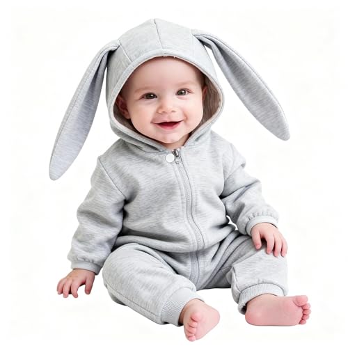 Motteecity Baby Toddler Boys Clothes Unisex Cute Bunny Long Sleeves Zipper Romper (18M, Grey)