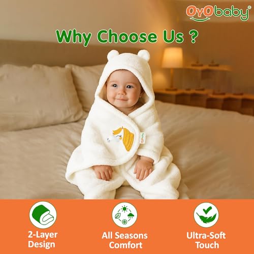 Image of OYO BABY Ultra Soft & Breathable Fabric | Wearable Hooded Swaddle Blanket for Newborns | Sleeping Bag Style Wrap | Keeps Baby Warm & Secure | Easy to Use | 0-6 Months (72x68 cm) | Unicorn White