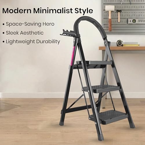 Image of Casa Copenhagen Black 3 Step Ladder for Home Use with Built-in Tool Tray | Heavy Duty D Shape Rods | Ultra Large Platform | Wide Rubber Feet | 150Kg Capacity Foldable Ladder - 7 Years Warranty