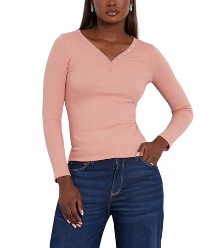GUESS Women's Eco Long Sleeve Kyla Rib Henley, Travertine Sand