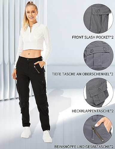 siyecaoo Damen Cargohose Winter Warm Fleece Gefüttert Baumwolle Wanderhose Multi Taschen Outdoorhose Workwear Reißverschluss Armee Militär Relaxed-Fit Trekkinghose Black 4-Tag 34