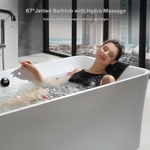 Empava Update Acrylic Whirlpool Bathtub, 67-Inch Freestanding Rectangular Jetted Bathtub with Healing Chromotherapy, 18 Hydromassage Jet, Double-Ended Bathtub with Black Pillows and Nozzles