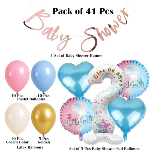 Image of Rozi Decoration Baby Shower Decoration Kit with Balloon, Question Mark Foil Balloon, Heart Foil Balloons, Round Printed and Rose Gold Baby Shower Banner - Pack of 41 Pcs