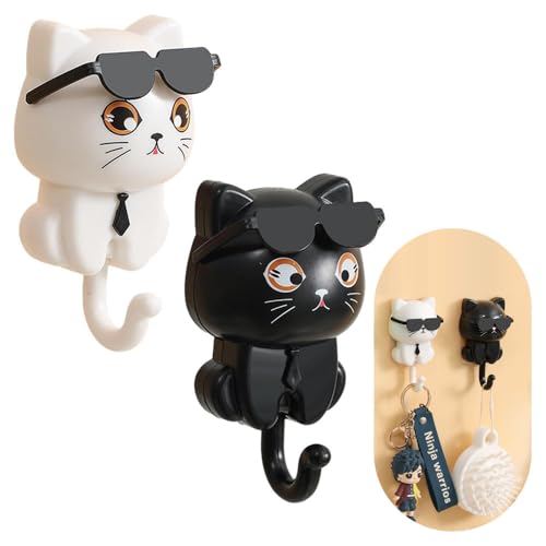 2 Cartoon Cat in Sunglasses Creative Gra-vity Hook Cute Cat Key Hook Pet Wall Hooks for Hanging Key, Bag, Hat, Towel (Black and White)