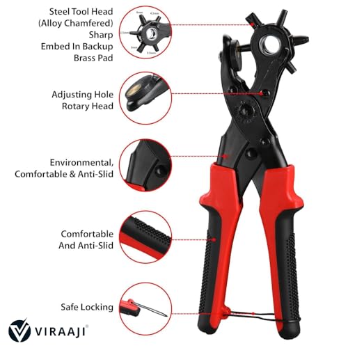 Image of Rotary Leather Belt Hole Puncher Pliers, Belt Punching Machine With 6 Sizes Heavy Duty Belt Hole Machine for Straps Crafts Adjustable Steel Head Comfortable Grip