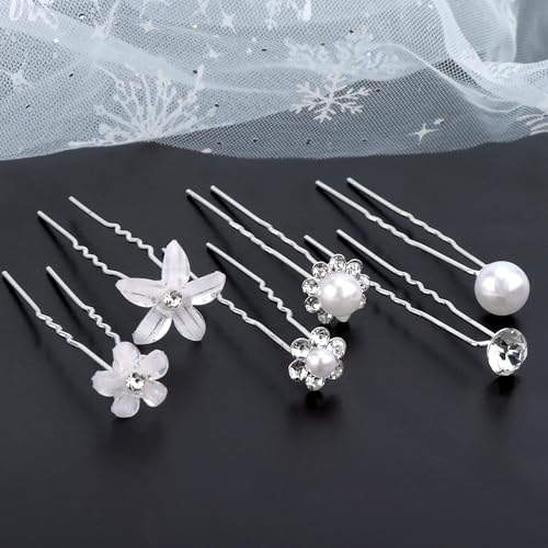 CUBACO 42 PCS Flower Wedding Hair Pins for Women Bridal Crystal Hair Jewelry Bobby Pins Rhinestone Pearl Hair Accessories Silver U Shaped Hair Pins Decorative for Brides Bridesmaids Girls