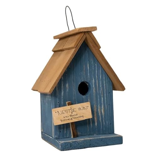Bird in Hand Amish Made Nestle Inn Bird House – Blue Rustic Wooden Birdhouse with Sign – 1.25” Entry, Hang or Post Mount, Reclaimed Wood, Made in USA
