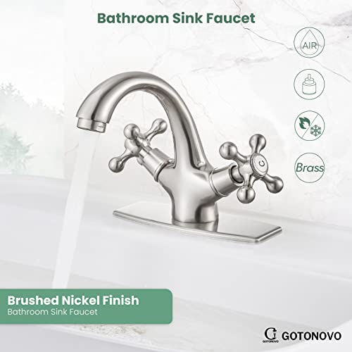 Gotonovo Brushed Nickel Bathroom Sink Faucet Pop Up Drain With Overflow Double Cross Handle Single Hole Deck Mount Cold Hot Mixer Vintage Vanity Tap With Cover Deck Plate thumb #1