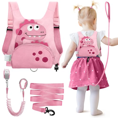 Dr.meter 3 in 1 Toddler Harness Leash + 8.2ft Anti Lost Wrist Link, Cute Dinosaur Kids Anti Lost Leash with Key Lock, Child Walking Harness for Parent Boys Girls Keep Kids Close, Travel Essensials