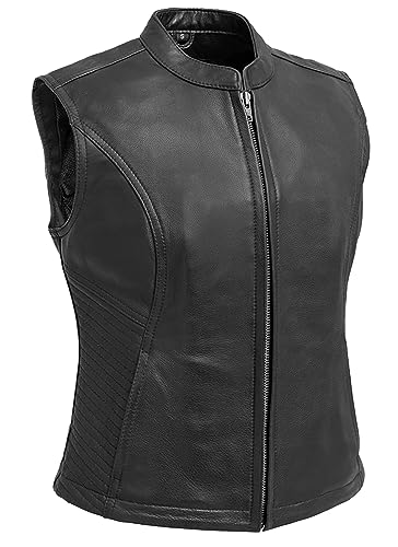 First Mfg Co - Nina - Women's Motorcycle Biker Riding Black Leather Vest - Small - Conceal Carry Pockets