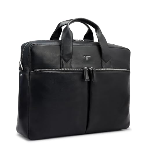 Image of Da Milano Genuine Leather Laptop Bag for Men & Women | Black Office Briefcase Fits 14 inch Laptop | Professional Work Bag with Card Slots, Zip Pockets & Detachable Shoulder Strap