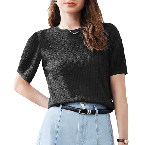 Image of Wowcarbazole Womens Summer Tops Short Sleeve Casual Crew Neck Fashion T Shirts Knit Pullover Sweater Trendy 2024