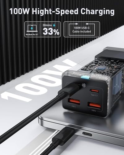 Baseus USB C Charger PowerCombo 100W - 6 in 1 Travel Power Strip USB C Desk Charging Station with 2AC Outlets, Fast Charging Extension Cord for Laptops iPhone Samsung iPad (100W Type C Cable Included)