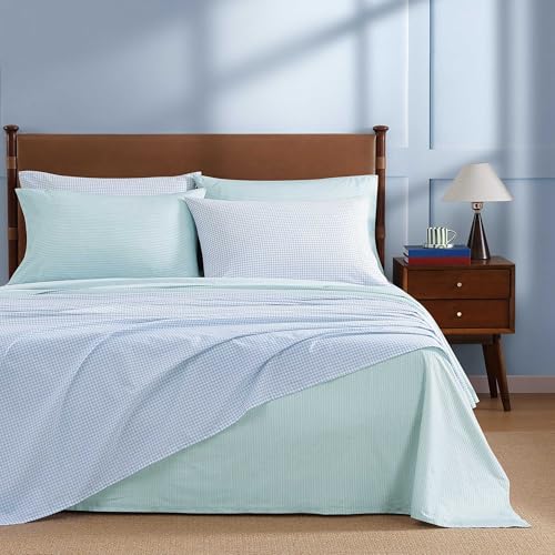 Image of Tommy Hilfiger - King Size Sheet Set, Crisp & Tailored Cooling Sheets with a Smooth Cotton Percale Lightweight Feel - Bed Sheets with Matching Pillowcases & Fitted Sheet (Gardena Check Blue)