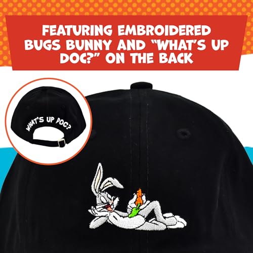 Image of Looney Tunes Baseball Cap, Bugs Bunny Adult Adjustable Cotton Dad Hat with Curved Brim for Men and Women, Black, One Size