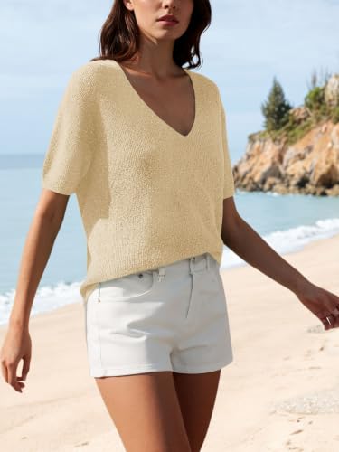 Image of Saodimallsu Womens Short Sleeve Sweater Summer V Neck Casual Tops Lightweight Loose Knit Pullover Shirts