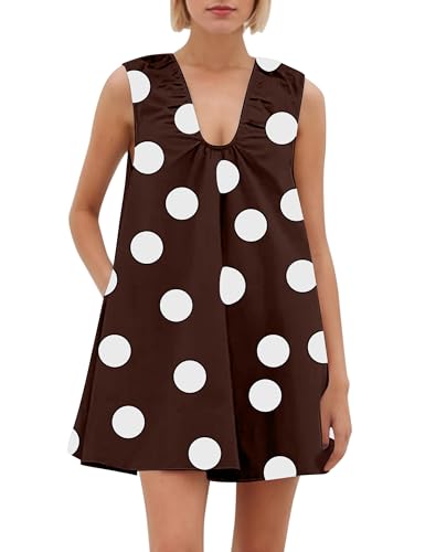 Image of Women Summer Sleeveless Babydoll Mini Dress Scoop Neck Loose Fit Tank Dresses Party Ruched Short Dress with Pockets