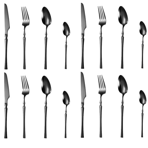 Image of aDai Matte Black Silverware Set | Satin Finish 16-Piece Korean Vintage Style Flatware Set | Dishwasher Safe Stainless Steel Cutlery for Home, Restaurant & Gifting