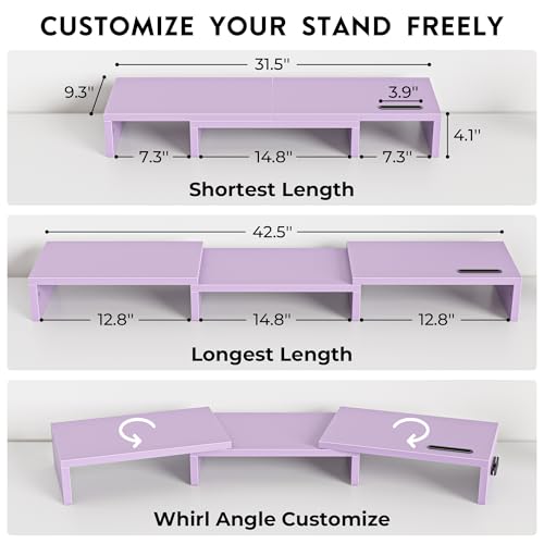 Image of BONTEC Dual Monitor Stand Riser with Smartphone Holder, Adjustable Length & Swivel Angle, Ergonomic Wooden Desktop Organizer for PC Monitor, Laptop, Printer, Large Storage, 42.5 in, Purple