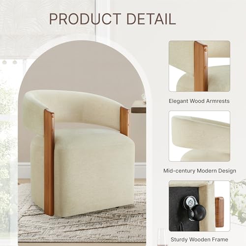 Image of KISLOT Upholstered Dining Chairs Set of 4, Modern Rolling Dining Chairs with Hidden Casters, Wooden Arm Kitchen Chairs with Linen Look Fabric, Padded Barrel Chairs for Dining Room, Kitchen, Sand