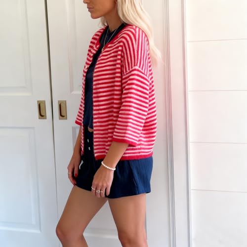 Image of Women Knitted Crop Cardigan Shirt Short Sleeve Button Down Ribbed Knit Crop Top Y2k Girls Outwear Top Tee Shirt