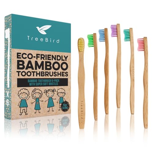 TreeBird Kids Bamboo Toothbrush 6-Pack | Extra Soft Bristles for Children | Small Brush Head & Easy-Grip Handle | Colorful Wooden Toothbrushes