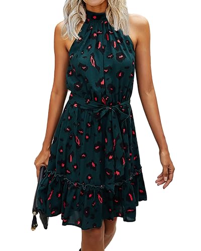 Image of BTFBM Women Halter Neck Summer Dresses 2025 Spring Casual Sleeveless Floral Polka Dot Ruffle Mini Boho Beach Sun Dress