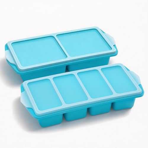 Souper Cubes Silicone Freezer Moulds with Lids Soup Containers 2/4-Compartment Freezer Storage Boxes Made from Food-Grade Materials Dishwasher-Safe(724/26-2PCS-Blue)