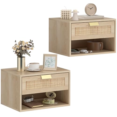 HOMCOM Juego de 2 Mesitas de Noche Flotantes, Mesillas de Noche Dormitorio con Cajón de Ratán, Estante Abierto, Ahorra Espacio, Diseño Nórdico, para Sala de Estar, 40x30x25 cm, Roble