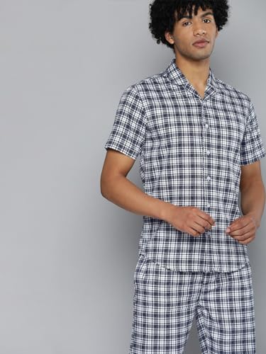 Image of The Indian Garage Co Men's Cotton Slim Fit Polka Dot Shirt & Pant Lounge Wear Set